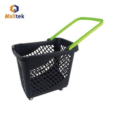 Large Capacity Supermarket Handle Plastic Shopping Baskets With 4 Wheels In Black