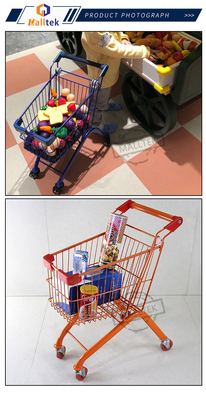 Metal Powder Coating Supermarket Shopping Trolley Colourful Kids Ride With Toy