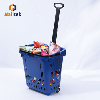 Red Telescopic Handle Plastic Rolling Basket With Two Wheels For Convenience Store