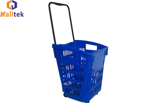 Single Steel Handle HDPP Rolling Shopping Baskets With Two Wheels