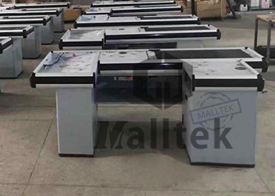White Electric Checkout Counter Stainless Steel With Electric Conveyor Belt
